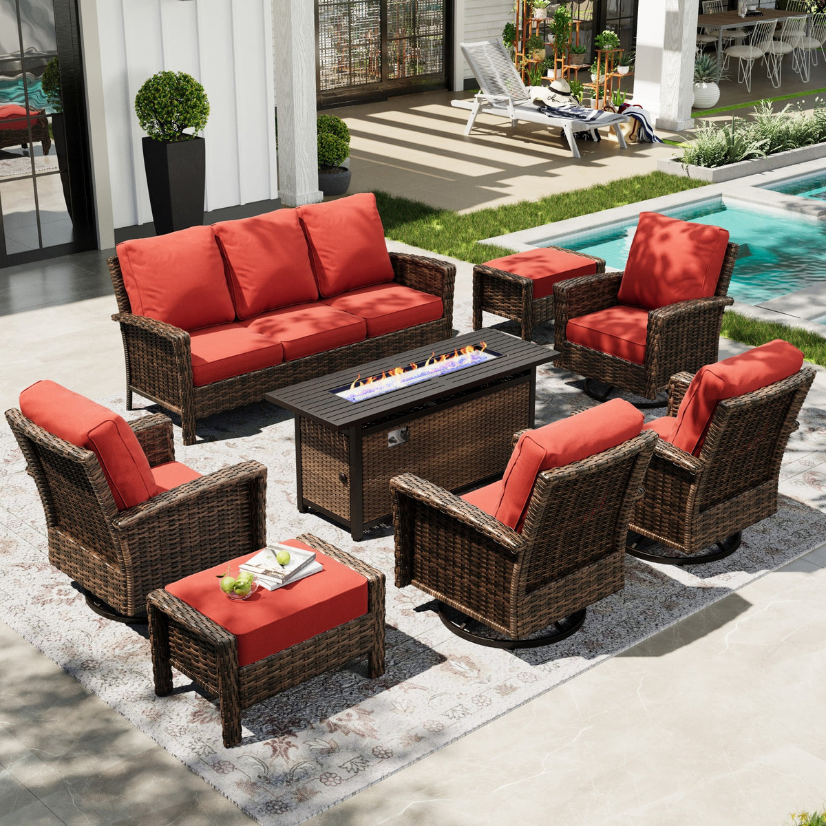 Sophia & William 8 Pieces Patio Furniture Set with 56" Fire Pit Table, High Back Swivel Chairs and 5.5" Thickened Cushions
