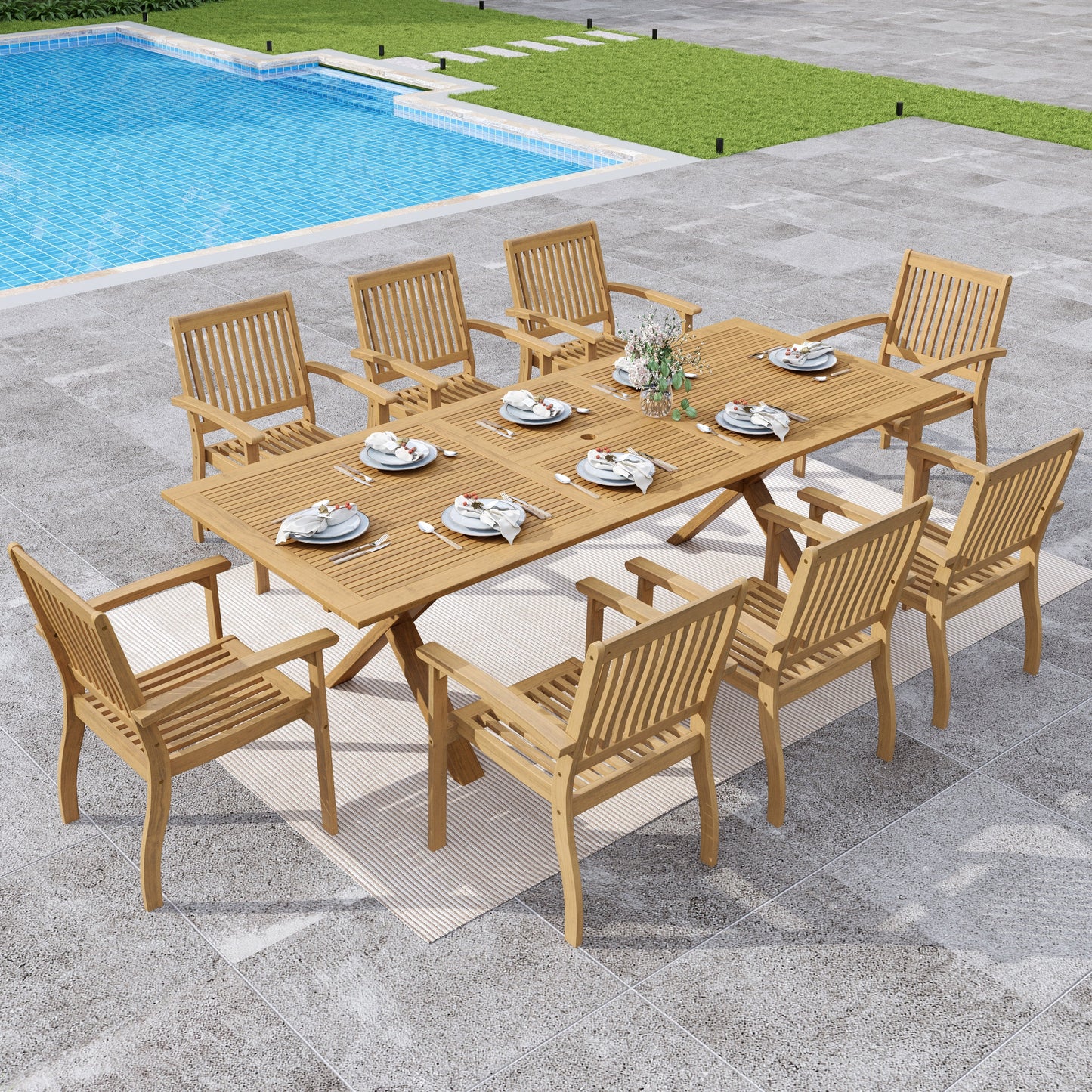 Sophia & William 9 Pieces Acacia Wood Outdoor Patio Dining Set Expandable Table and Patio Chairs Natural Wood for Lawn, Garden, Backyard