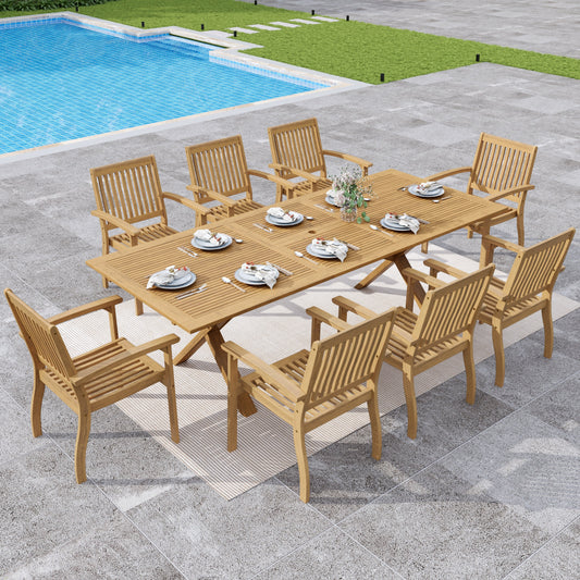 Sophia & William 9 Pieces Acacia Wood Outdoor Patio Dining Set Expandable Table and Patio Chairs Natural Wood for Lawn, Garden, Backyard