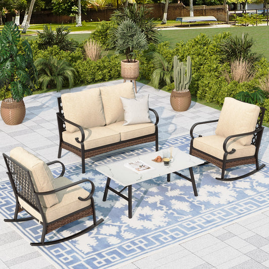 Sophia & William 4 Seat Patio Conversation Set,Outdoor Furniture Set with Rocking Chairs & Loveseat, Beige