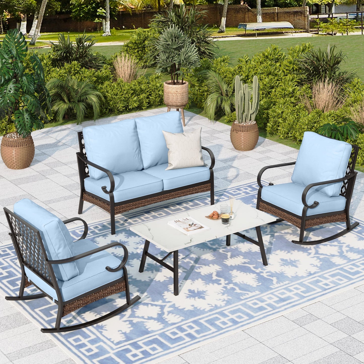 Sophia & William 4 Seat Patio Conversation Set,Outdoor Furniture Set with Rocking Chairs & Loveseat, Blue