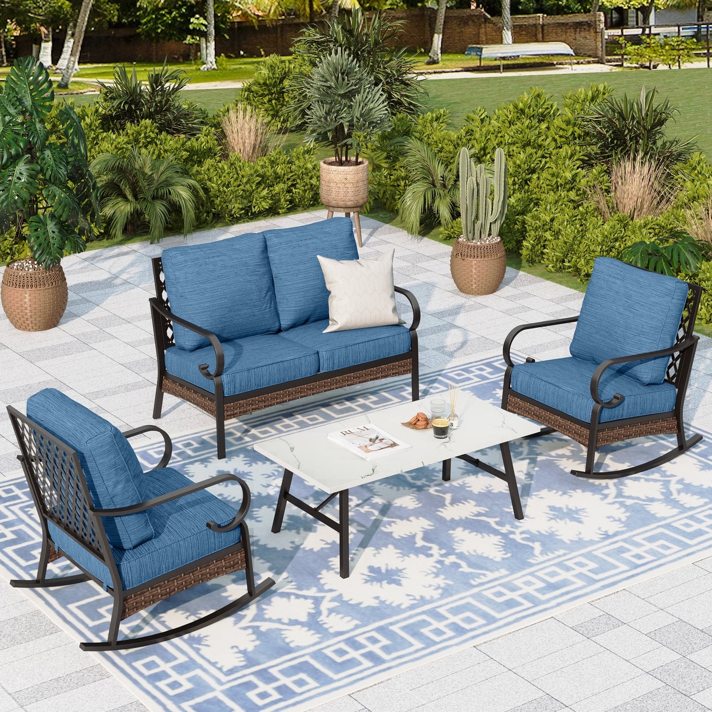 Sophia & William 4 Seat Patio Conversation Set,Outdoor Furniture Set with Rocking Chairs & Loveseat, Pacific Blue