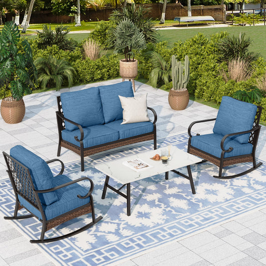 Sophia & William 4 Seat Patio Conversation Set,Outdoor Furniture Set with Rocking Chairs & Loveseat, Pacific Blue