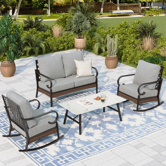 Sophia & William 4 Seat Patio Conversation Set,Outdoor Furniture Set with Rocking Chairs & Loveseat, Gray