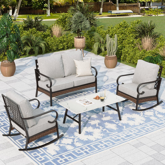 Sophia & William 4 Seat Patio Conversation Set,Outdoor Furniture Set with Rocking Chairs & Loveseat, Light Gray