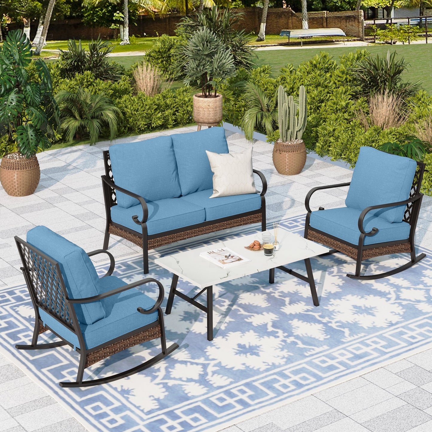Sophia & William 4 Seat Patio Conversation Set,Outdoor Furniture Set with Rocking Chairs & Loveseat, Navy Blue