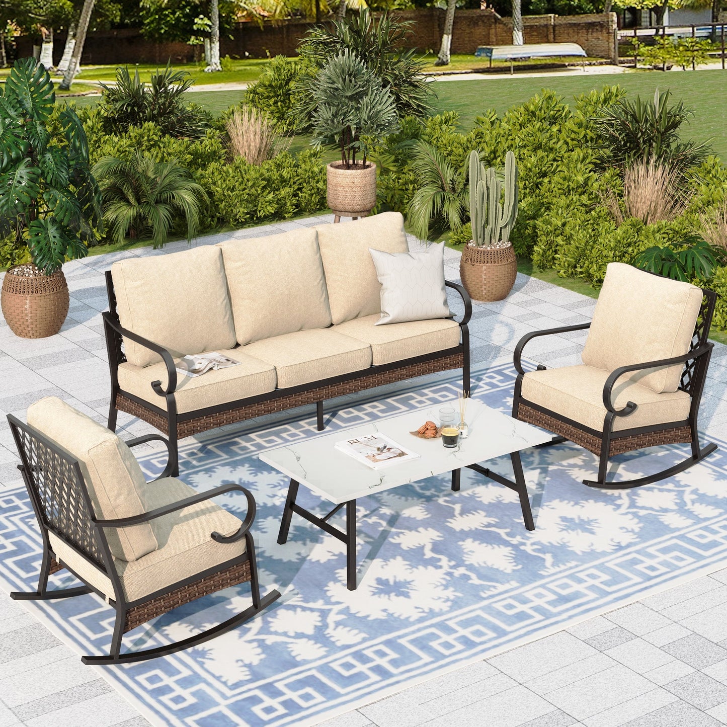 Sophia & William 5 Seat Patio Conversation Set,Outdoor Furniture Set with Rocking Chairs, Beige