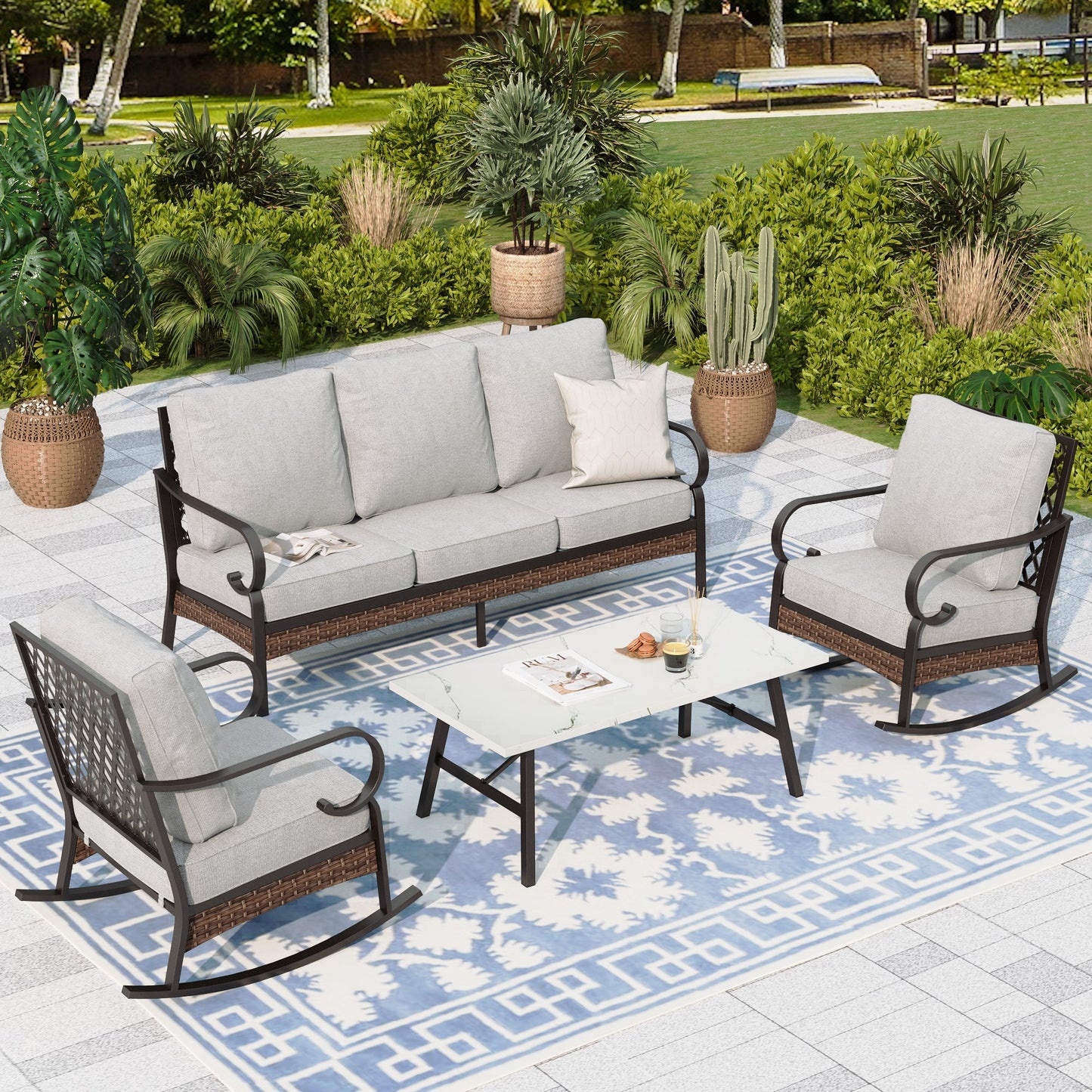 Sophia & William 5 Seat Patio Conversation Set,Outdoor Furniture Set with Rocking Chairs, Light Gray