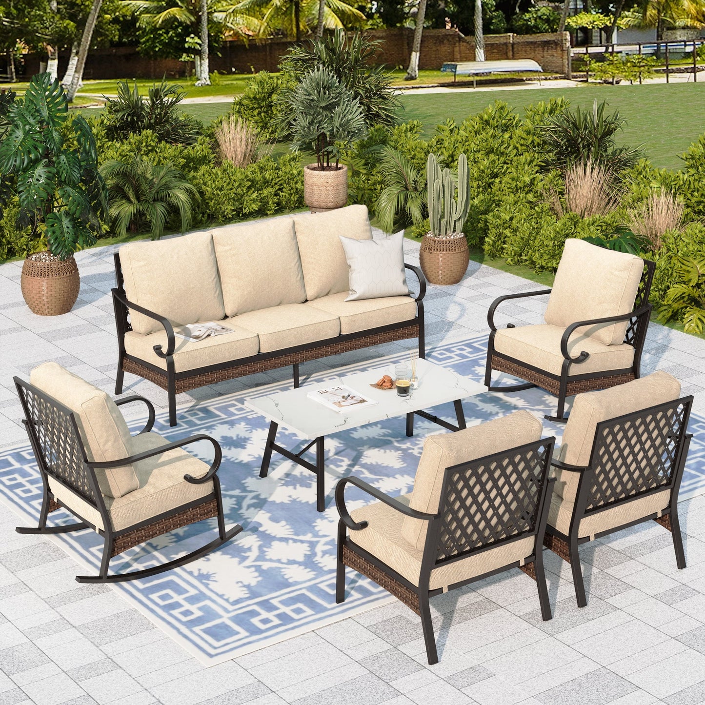 Sophia & William 7 Seat Patio Conversation Set,Outdoor Furniture Set with Rocking Chairs & Fixed Chairs, Beige
