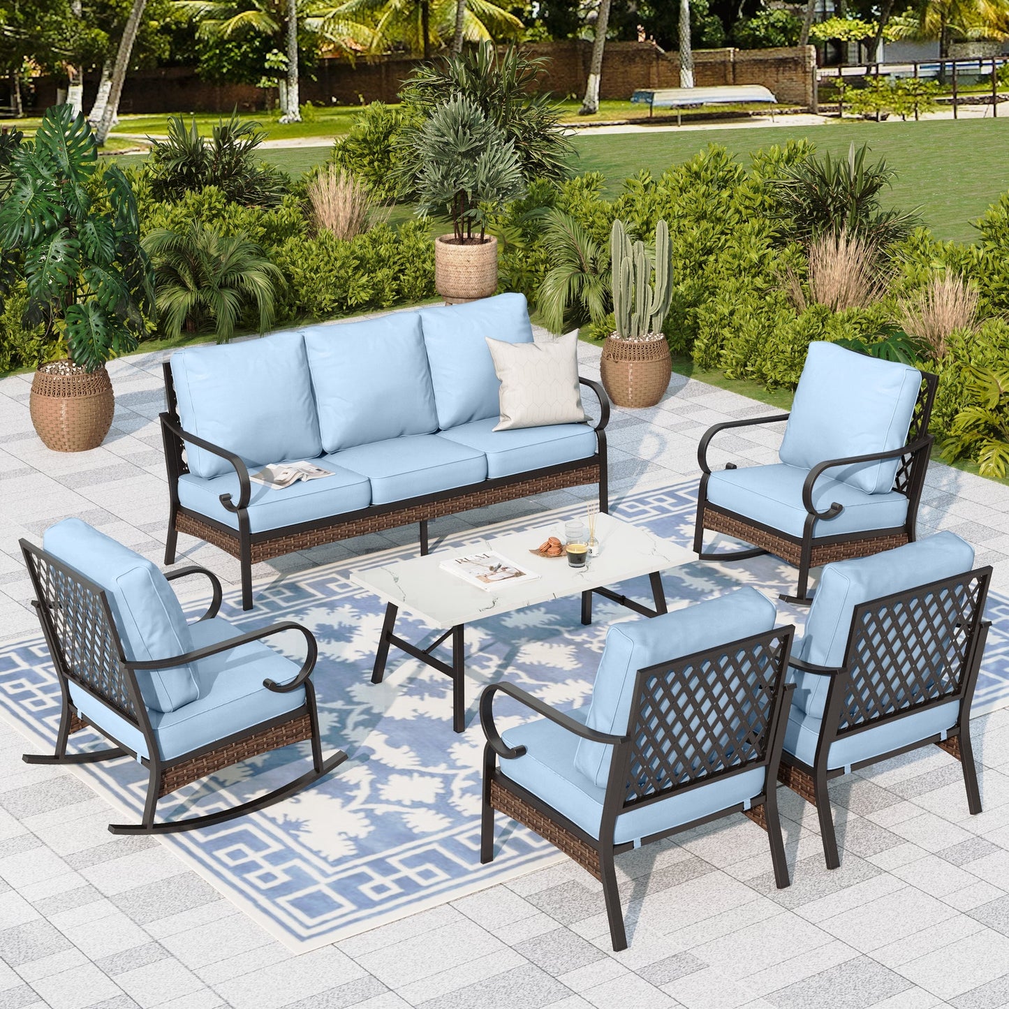 Sophia & William 7 Seat Patio Conversation Set,Outdoor Furniture Set with Rocking Chairs & Fixed Chairs, Blue