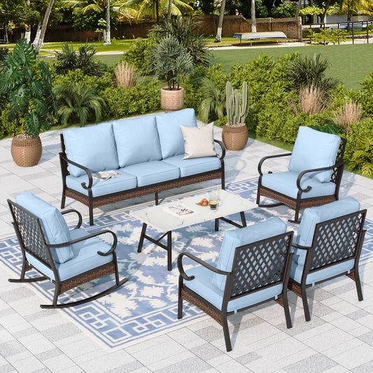 Sophia & William 7 Seat Patio Conversation Set,Outdoor Furniture Set with Rocking Chairs & Fixed Chairs, Blue
