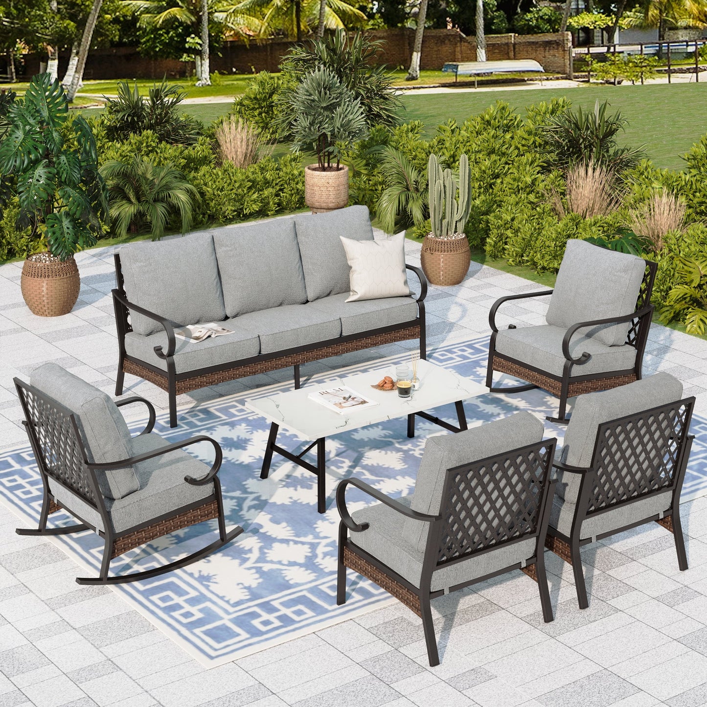 Sophia & William 7 Seat Patio Conversation Set,Outdoor Furniture Set with Rocking Chairs & Fixed Chairs, Gray