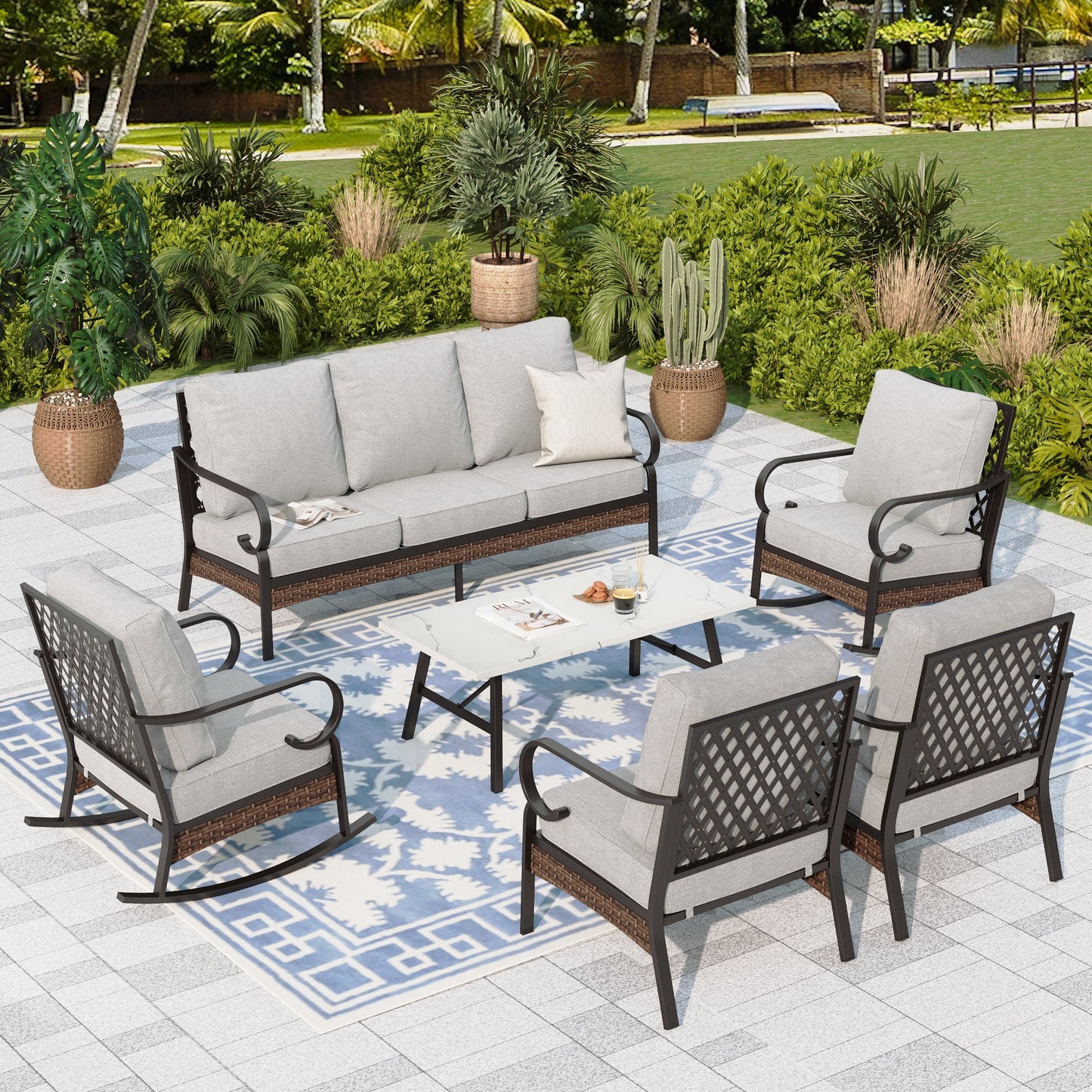 Sophia & William 7 Seat Patio Conversation Set,Outdoor Furniture Set with Rocking Chairs & Fixed Chairs, Light Gray