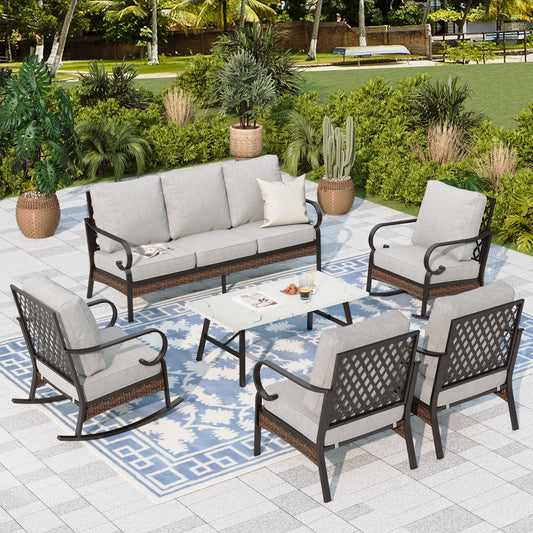 Sophia & William 7 Seat Patio Conversation Set,Outdoor Furniture Set with Rocking Chairs & Fixed Chairs, Light Gray