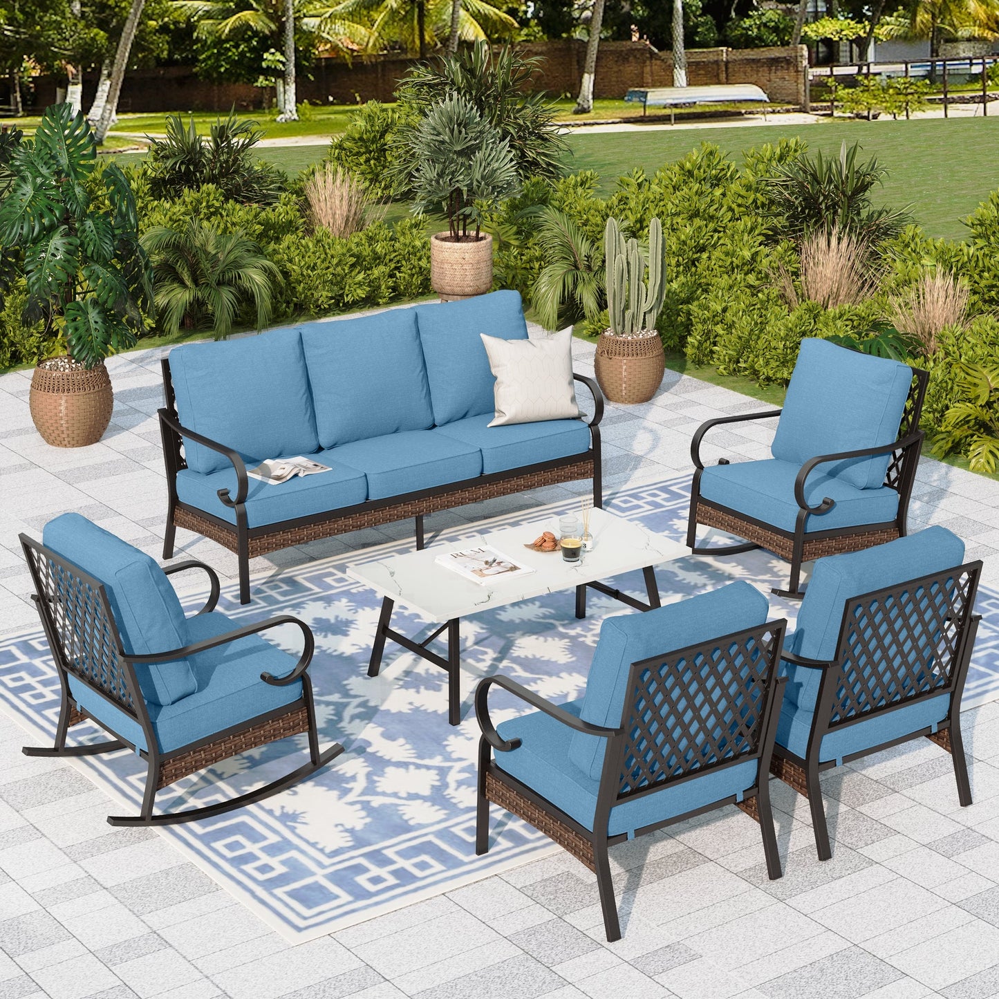 Sophia & William 7 Seat Patio Conversation Set,Outdoor Furniture Set with Rocking Chairs & Fixed Chairs, Navy Blue