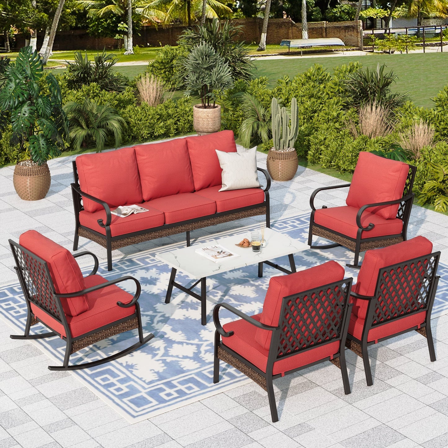 Sophia & William 7 Seat Patio Conversation Set,Outdoor Furniture Set with Rocking Chairs & Fixed Chairs, Red