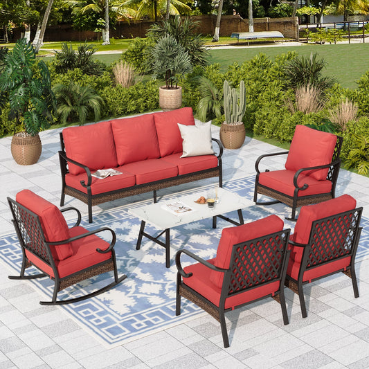 Sophia & William 7 Seat Patio Conversation Set,Outdoor Furniture Set with Rocking Chairs & Fixed Chairs, Red