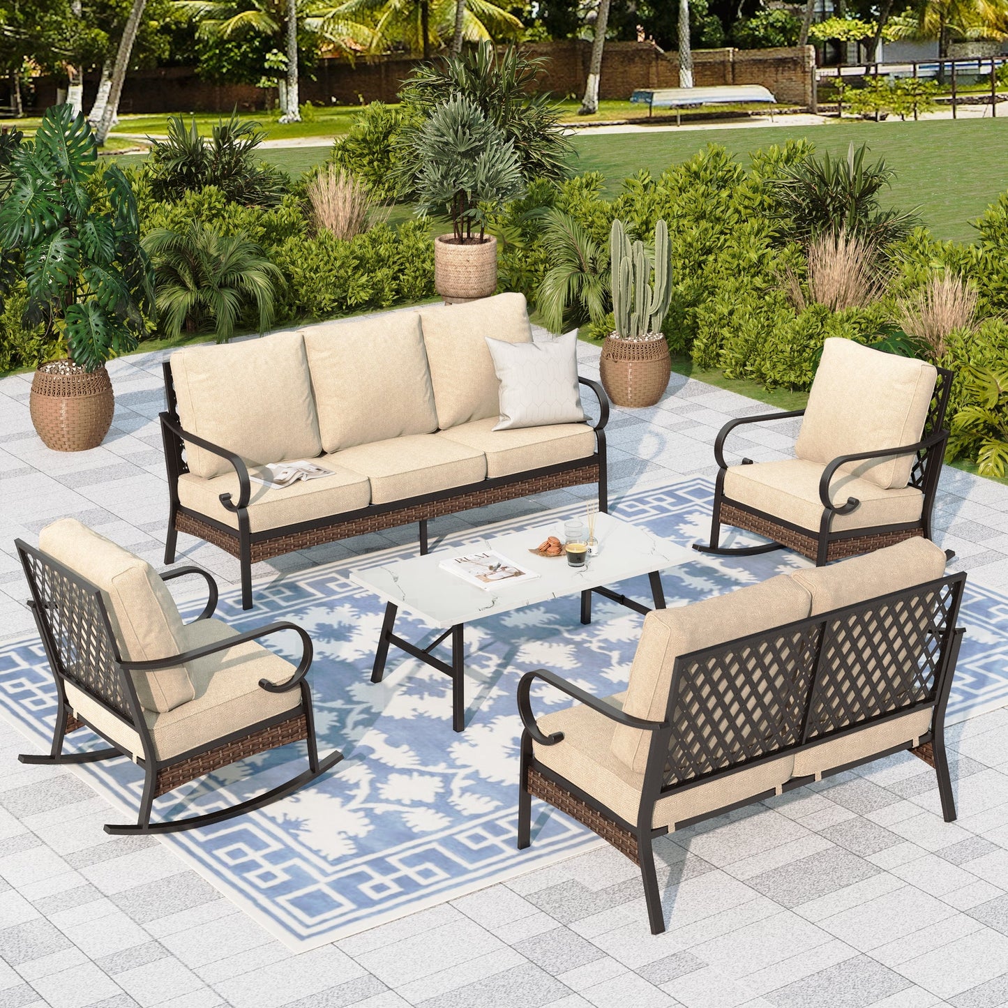 Sophia & William 7 Seat Patio Conversation Set,Outdoor Furniture Set with Rocking Chairs & Loveseat, Beige