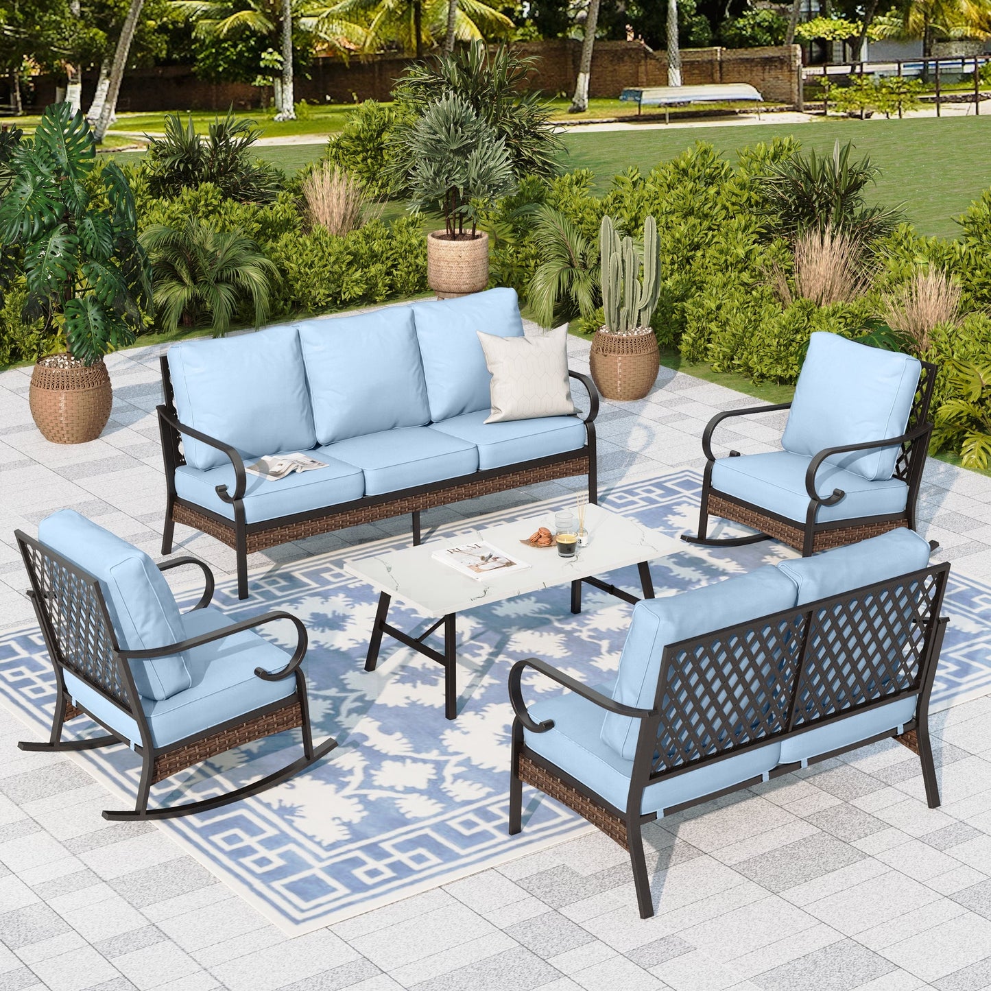 Sophia & William 7 Seat Patio Conversation Set,Outdoor Furniture Set with Rocking Chairs & Loveseat, Blue
