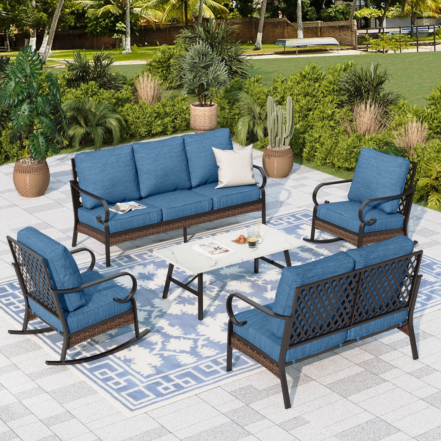 Sophia & William 7 Seat Patio Conversation Set,Outdoor Furniture Set with Rocking Chairs & Loveseat, Pacific Blue