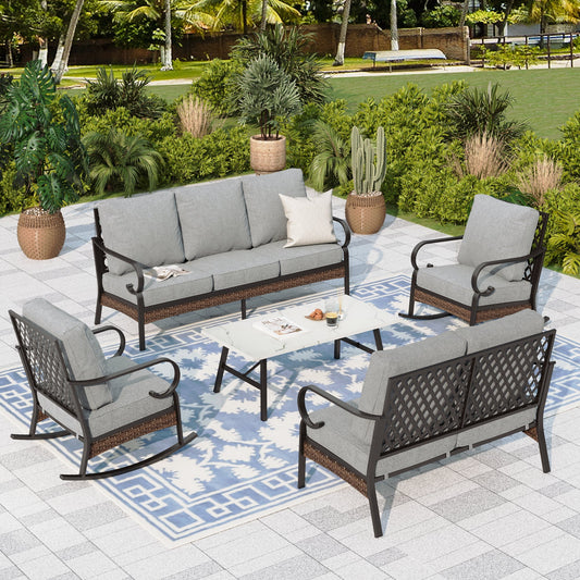 Sophia & William 7 Seat Patio Conversation Set,Outdoor Furniture Set with Rocking Chairs & Loveseat, Gray