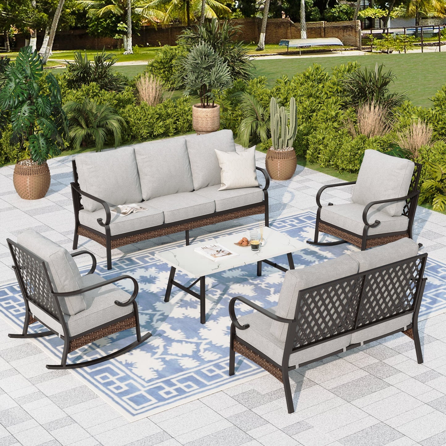 Sophia & William 7 Seat Patio Conversation Set,Outdoor Furniture Set with Rocking Chairs & Loveseat, Light Gray