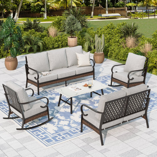 Sophia & William 7 Seat Patio Conversation Set,Outdoor Furniture Set with Rocking Chairs & Loveseat, Light Gray