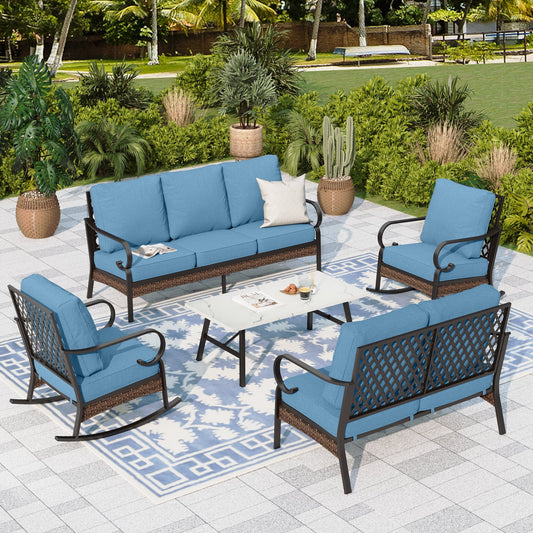 Sophia & William 7 Seat Patio Conversation Set,Outdoor Furniture Set with Rocking Chairs & Loveseat, Navy Blue