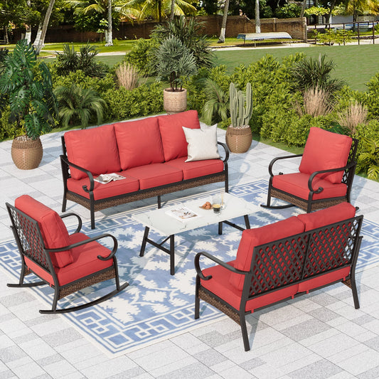 Sophia & William 7 Seat Patio Conversation Set,Outdoor Furniture Set with Rocking Chairs & Loveseat, Red