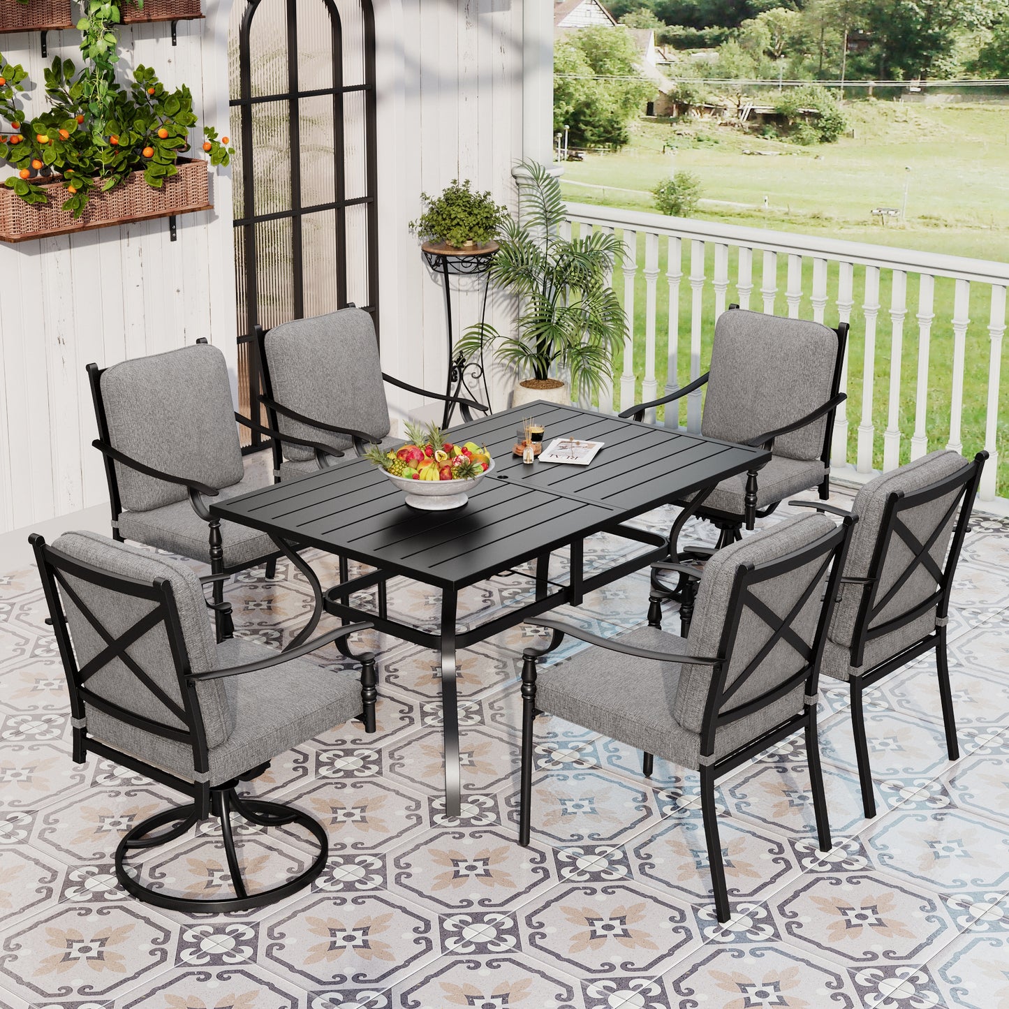 Sophia & William 7Pcs Outdoor Patio Dining Set Metal Swivel Chairs and Table Furniture Set with Gray Cushion