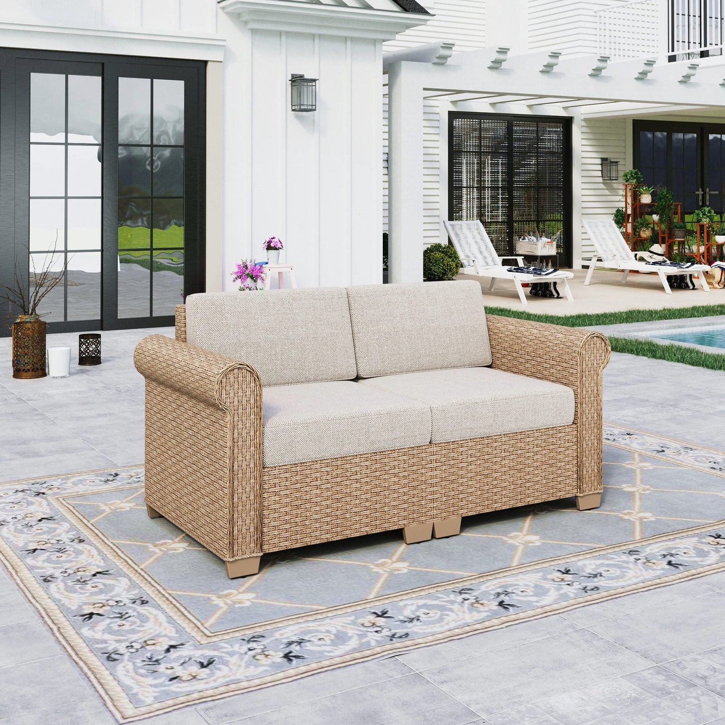Sophia & William 2 Pieces Wicker Outdoor Patio Sofa Conversation Set with Beige Cushions and Steel Frame