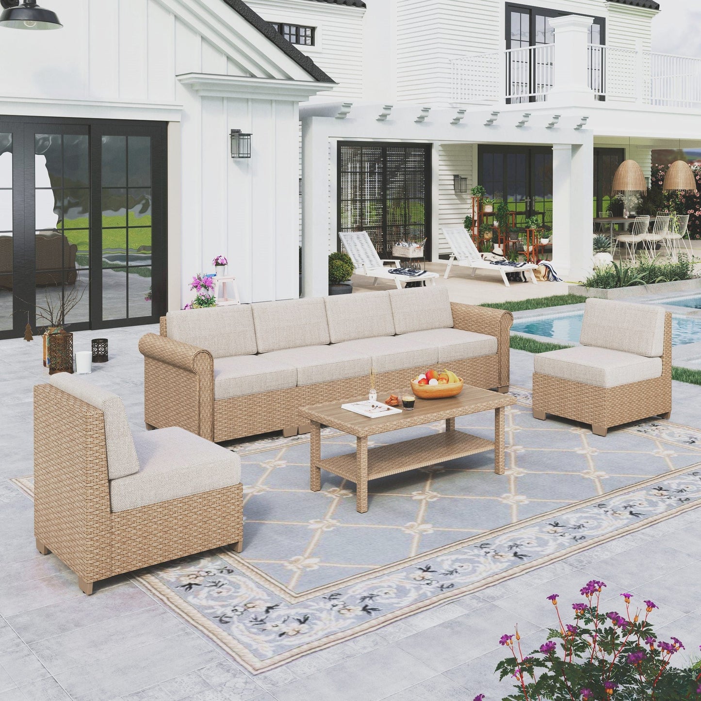 Sophia & William 7 Pieces Wicker Patio Furniture Set 6-Seat Outdoor Conversation Set with Coffee Table, Beige