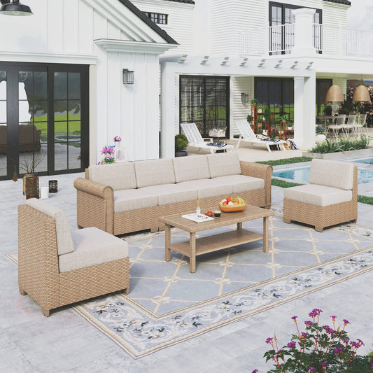 Sophia & William 7 Pieces Wicker Patio Furniture Set 6-Seat Outdoor Conversation Set with Coffee Table, Beige
