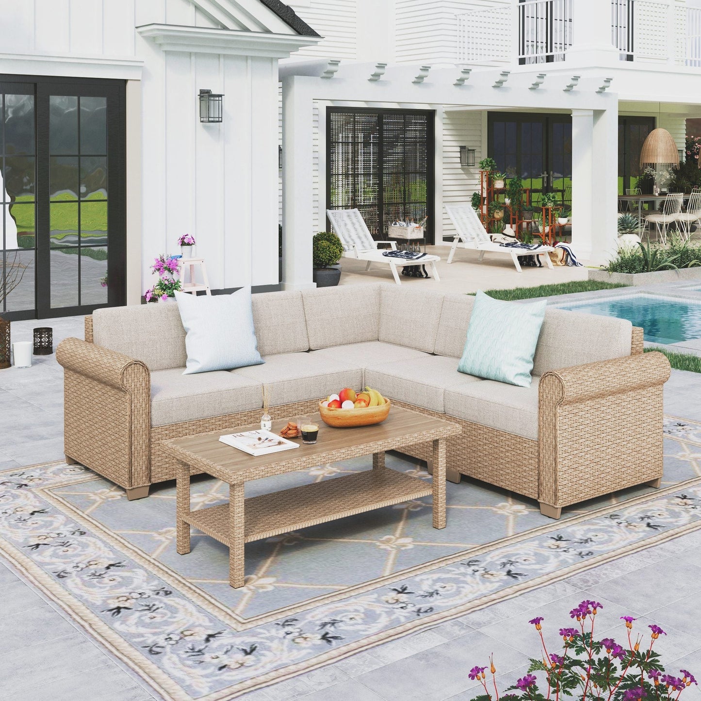 Sophia & William 6 Pieces Wicker Patio Furniture Set 5-Seat Outdoor Conversation Set with Coffee Table, Beige