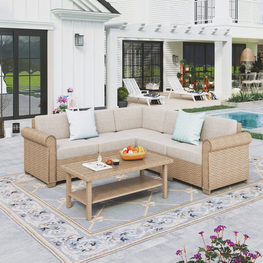 Sophia & William 6 Pieces Wicker Patio Furniture Set 5-Seat Outdoor Conversation Set with Coffee Table, Beige