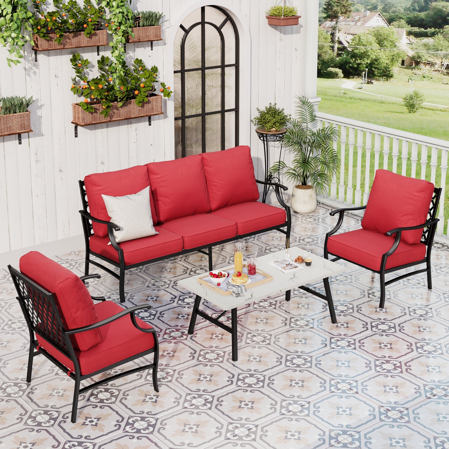 Sophia&William 5 Seat Patio Conversation Set Outdoor Sofa Chairs and Marble Pattern Table Furniture Set, Red