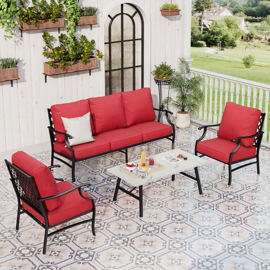 Sophia&William 5 Seat Patio Conversation Set Outdoor Sofa Chairs and Marble Pattern Table Furniture Set, Red