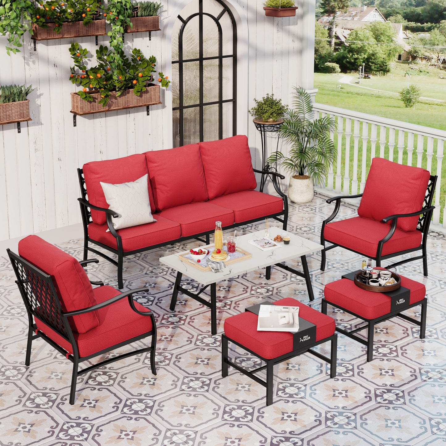 Sophia&William 6 Piece Patio Conversation Set Outdoor Metal Table and Sofa Chairs Furniture Sets with 2 Ottomans, Red