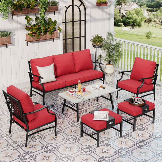 Sophia&William 6 Piece Patio Conversation Set Outdoor Metal Table and Sofa Chairs Furniture Sets with 2 Ottomans, Red
