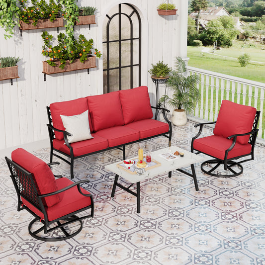 Sophia&William 5 Seat Patio Conversation Set Outdoor Sofa Furniture Set with Marble Table, Swivel Chair, Red