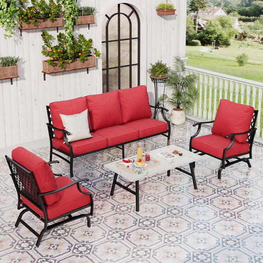 Sophia&William 5 Seat Patio Outdoor Furniture Set Metal Conversation Set with Rocking Chairs and Marble Table, Red