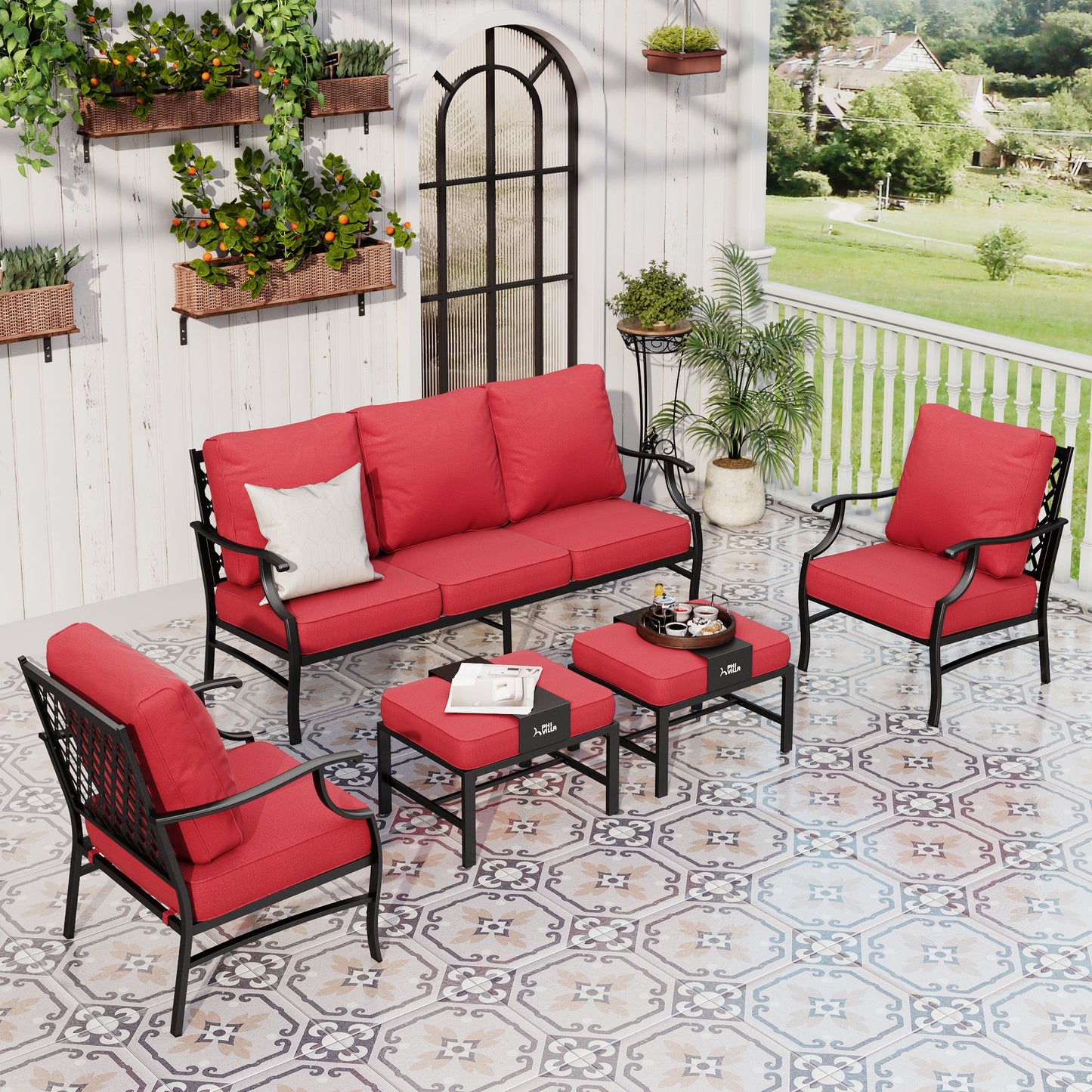 Sophia&William 7 Seat Patio Conversation Set Outdoor Sofa Furniture Set with Ottomans, Red