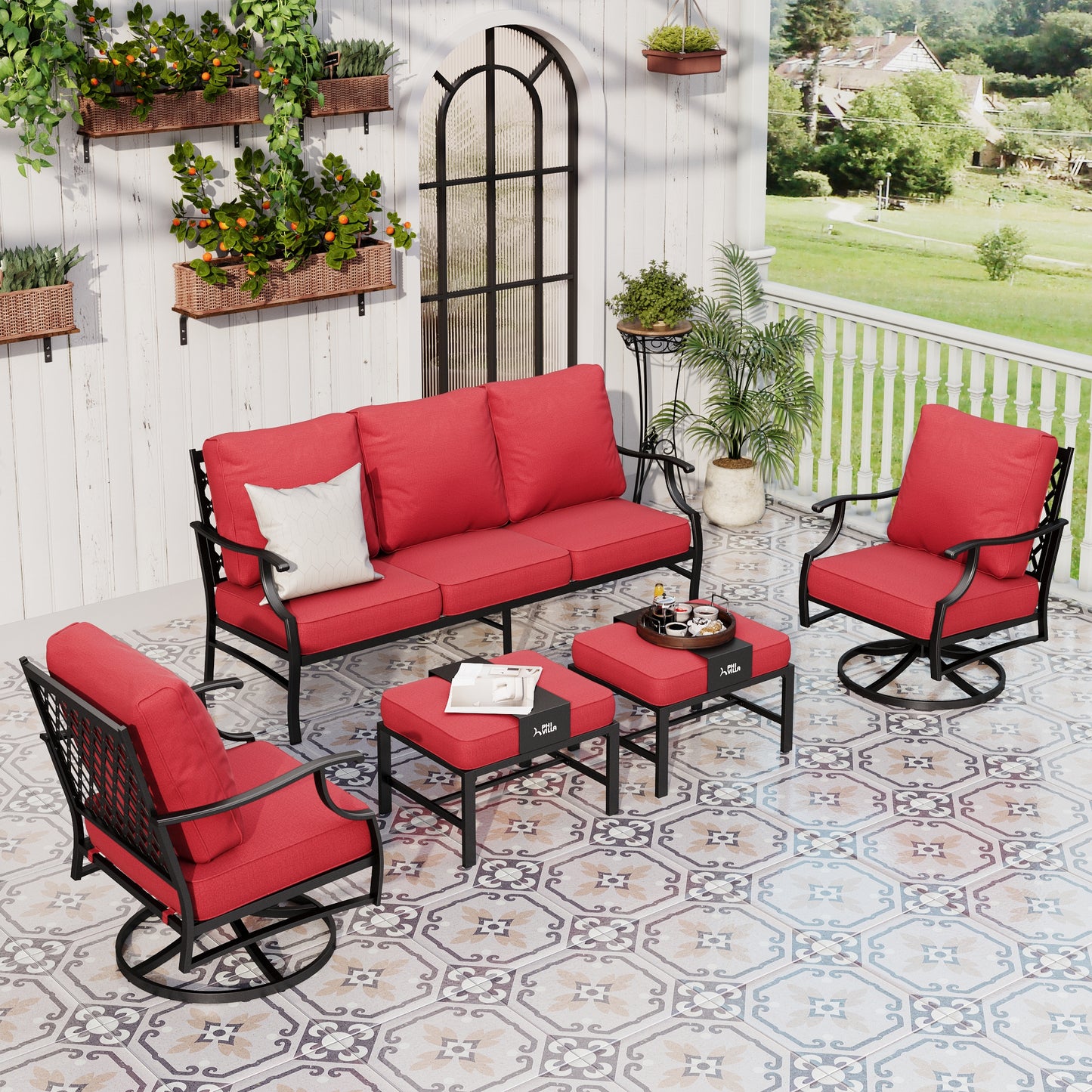 Sophia&William 7 Seat Patio Conversation Set Outdoor Sofa Furniture Set with Ottomans, Red