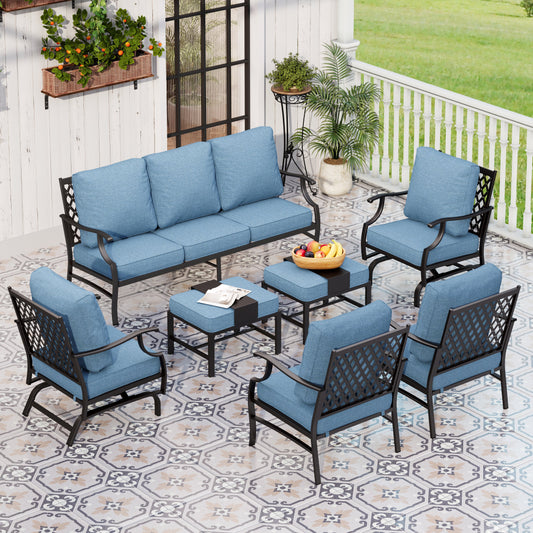 Sophia&William 9 Seat Patio Outdoor Furniture Set Metal Conversation Set with Ottomans & Rocker Chair, Navy Blue