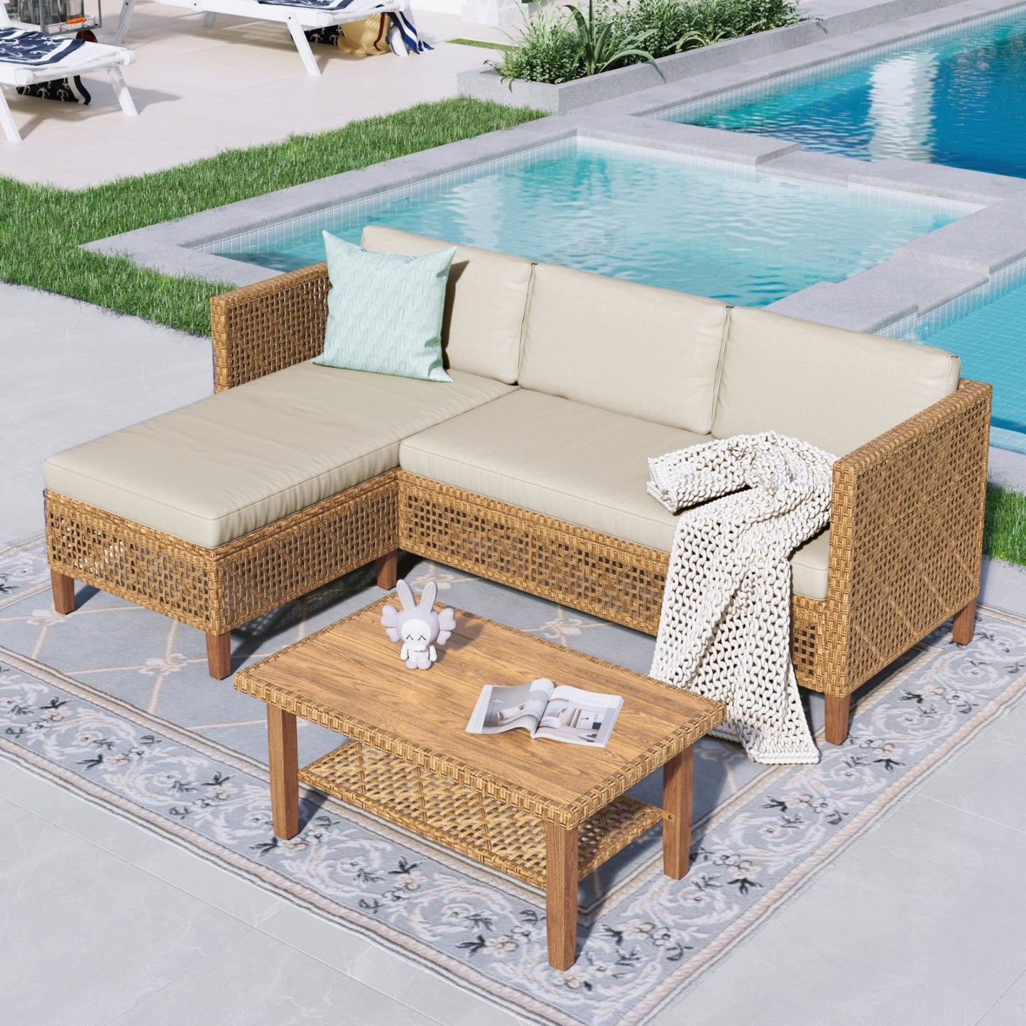 Alpha Joy Wicker Patio Furniture Conversation Set Boho Style Outdoor Sofa with Wood Coffee Table