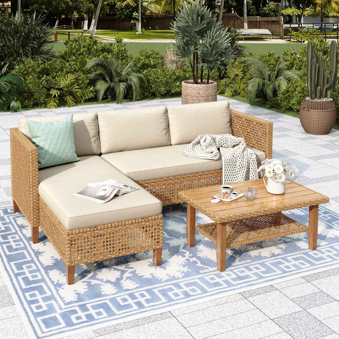 Alpha Joy Wicker Patio Furniture Conversation Set Boho Style Outdoor Sofa with Wood Coffee Table