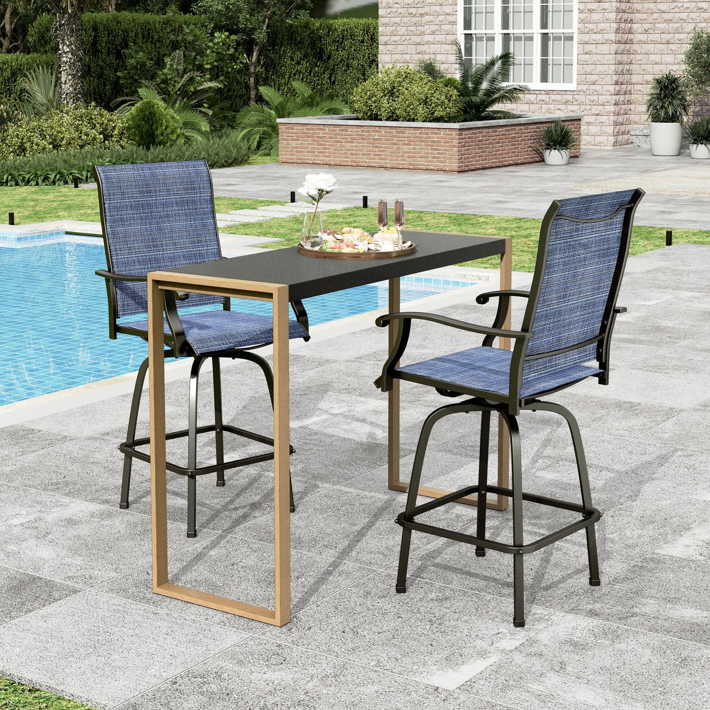 Sophia & William 3PCS Patio Outdoor Bar Set Txtilene Bar Height Swivel Stools & Table Furniture Bistro Set, Navy Blue