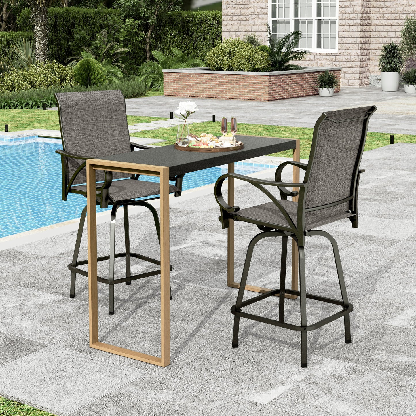 Sophia & William 3PCS Patio Outdoor Bar Set Txtilene Bar Height Swivel Stools & Table Furniture Bistro Set, Gray
