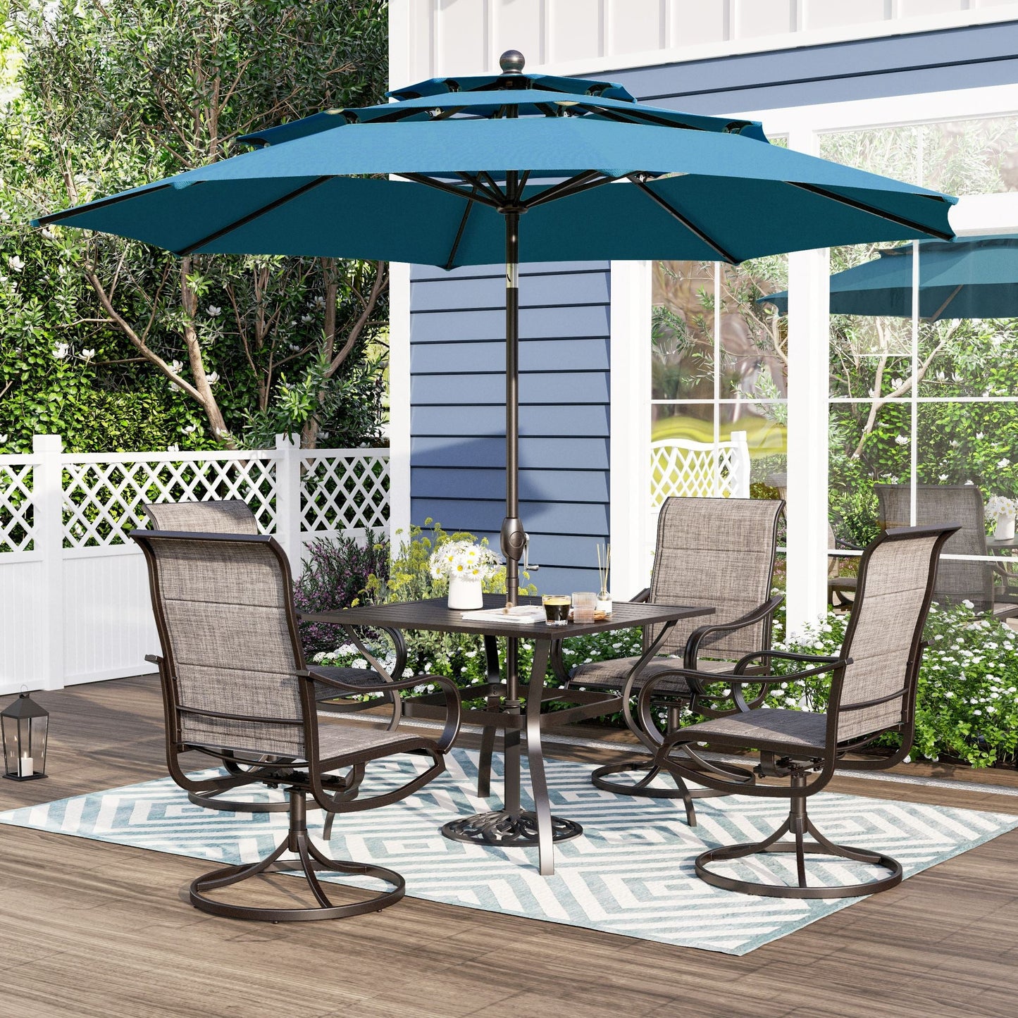 Alpha Joy 10ft 3 Tier Auto-Tilt Outdoor Patio Umbrella Beach Garden Double Vented Table Umbrella with Push Button and Crank, Cerulean