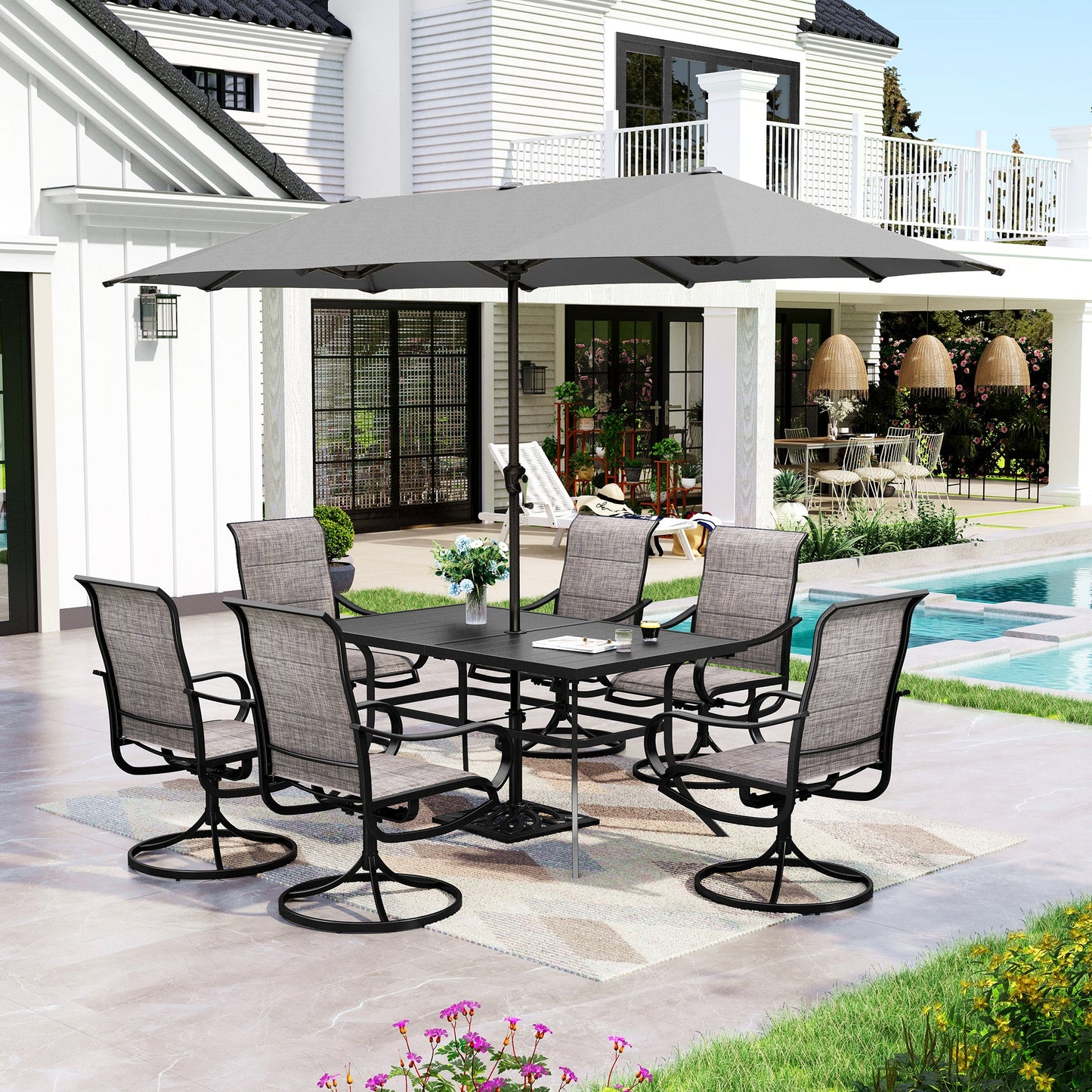 Sophia & William 8-Piece Outdoor Patio Dining Set with 13ft Gray Umbrella, Rectangle Table & Padded Textilene Chairs Furniture Set for 6